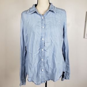 Muselooks L.A. Blue Chambray Denim Lyocell Raw Edge Hem Button Down Shirt L